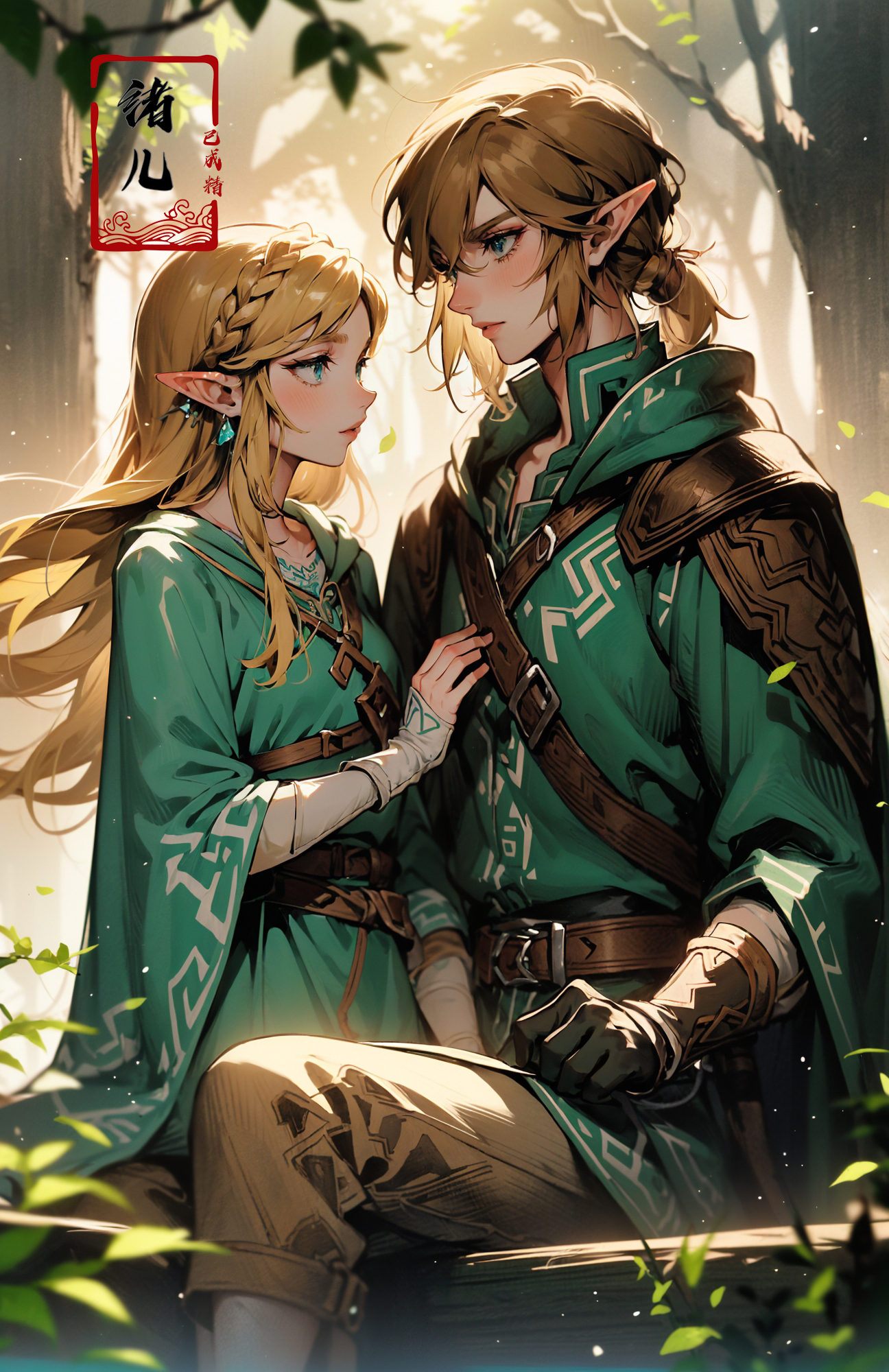606247209521969071-886128139-legend of zelda link between forest and ice, in the style of romantic illustrations, goblin academia, green and bronze, romantic.jpg